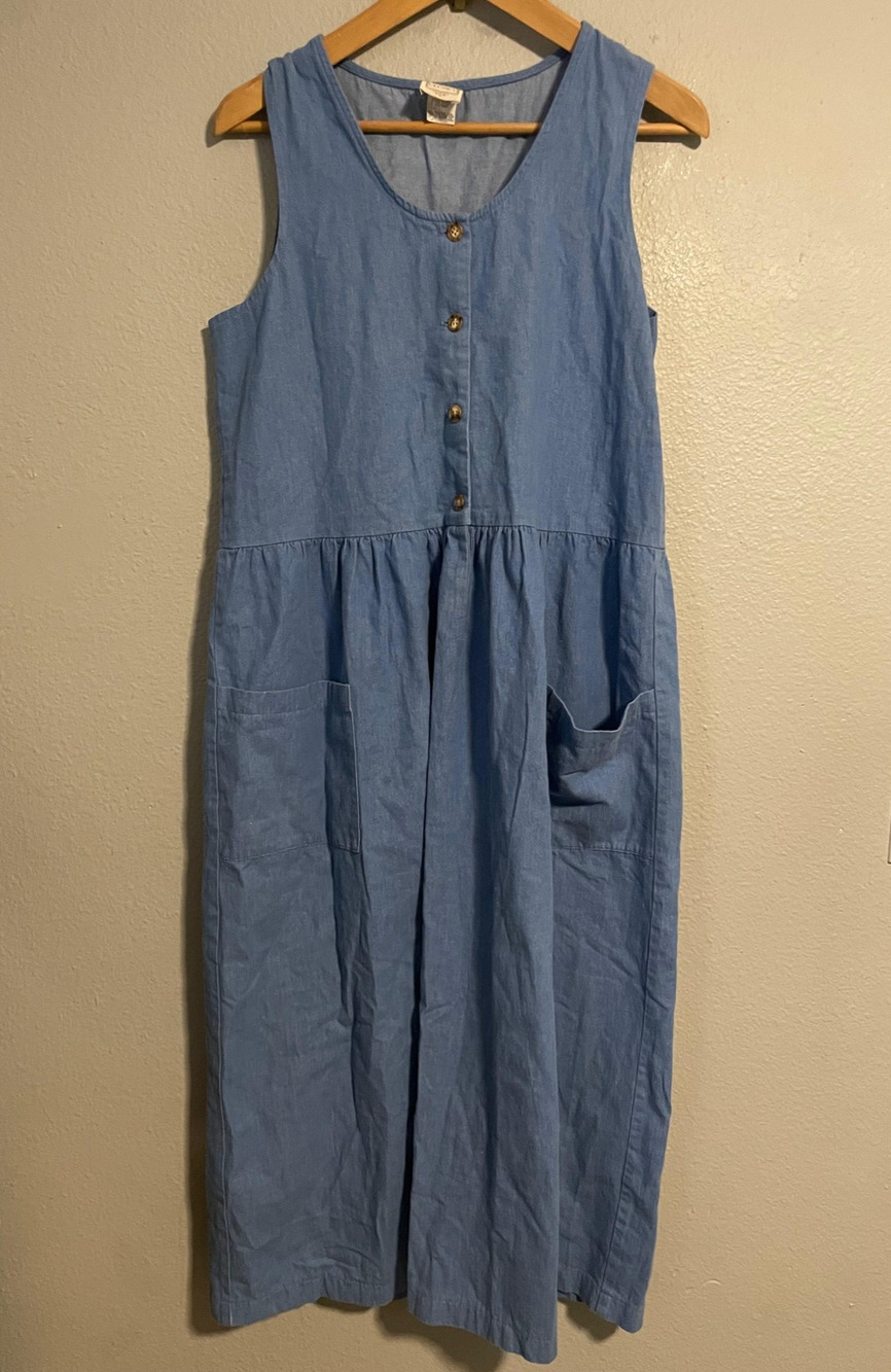Vintage Pams Closet Womens Dress Small Blue Chambray Button Front Butter Mom 90s